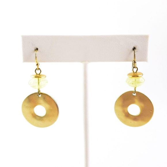 Chico's Dangle Earrings with hammered gold discs and pale green stones - Picture 1 of 15